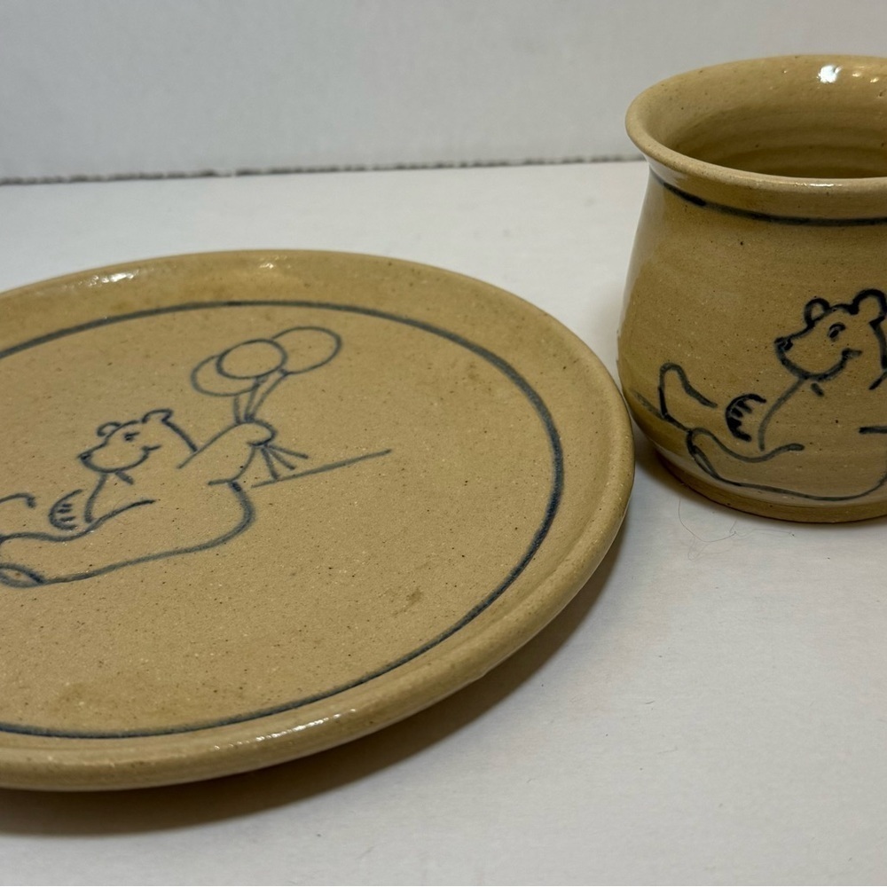 Tan Pottery Plate and Cup Set with Bear Design